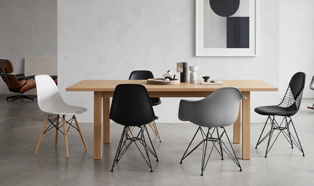 Diferentes modelos da cadeira Eames dispostos em showroom elegante