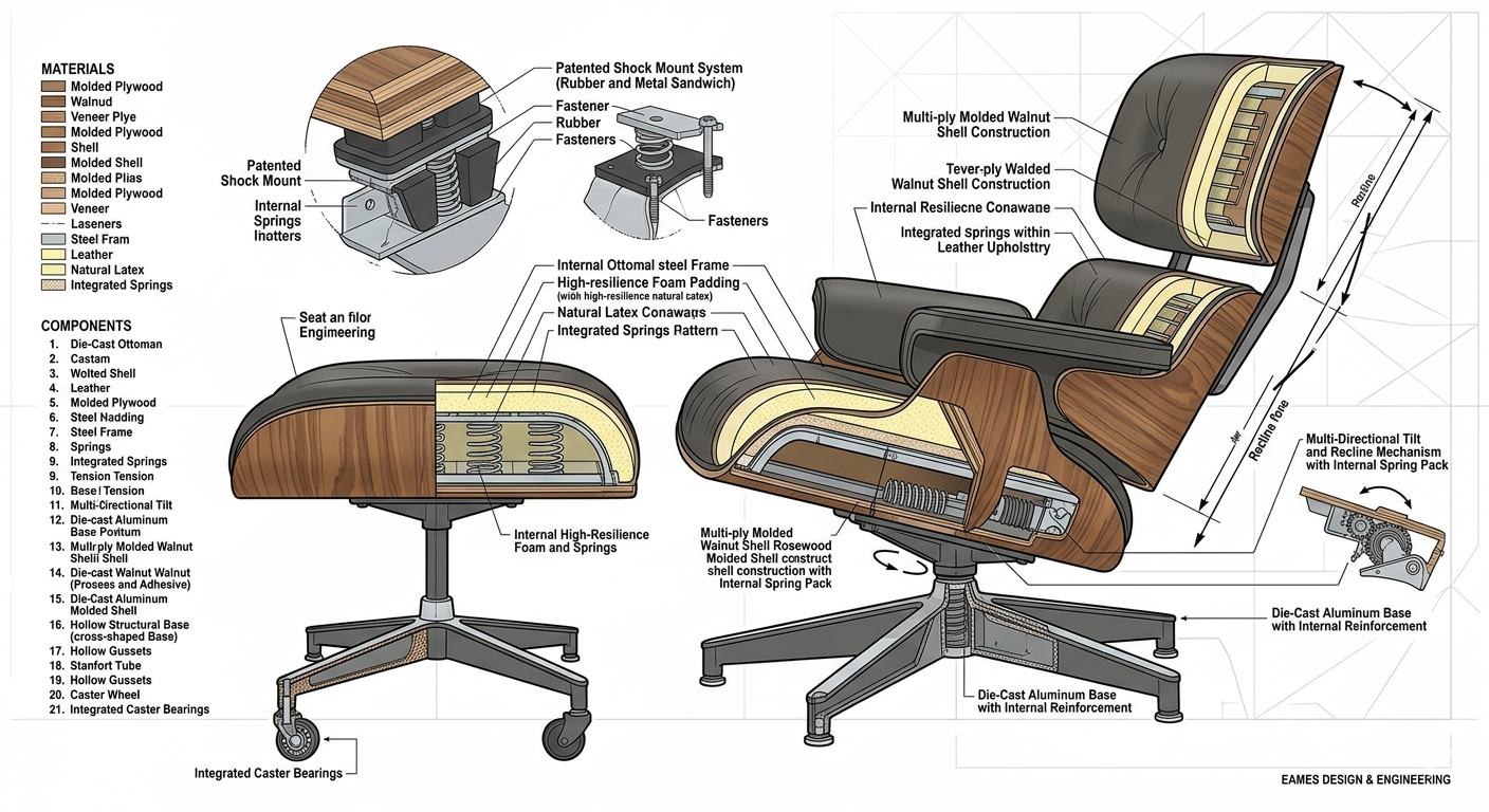 Ilustração técnica mostrando estrutura interna da cadeira Eames