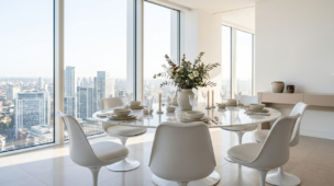 Mesa saarinen branca com tampo de mármore em sala de jantar moderna