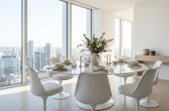 Mesa saarinen branca com tampo de mármore em sala de jantar moderna