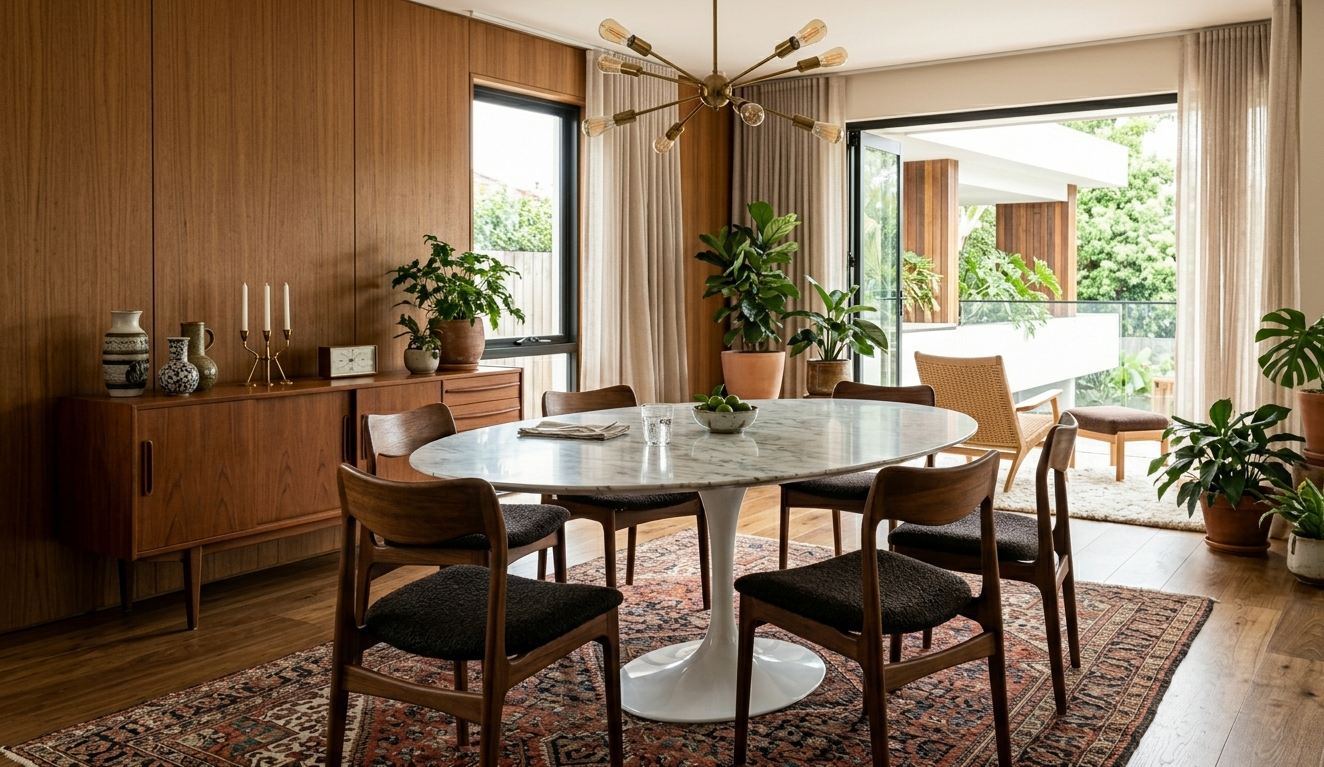Mesa saarinen em sala de jantar mid-century modern com móveis vintage