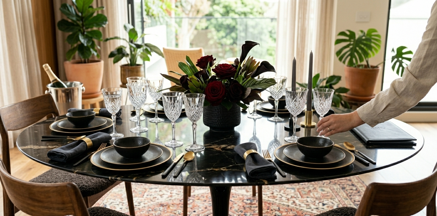 Mesa saarinen preta em jantar elegante com taças de cristal