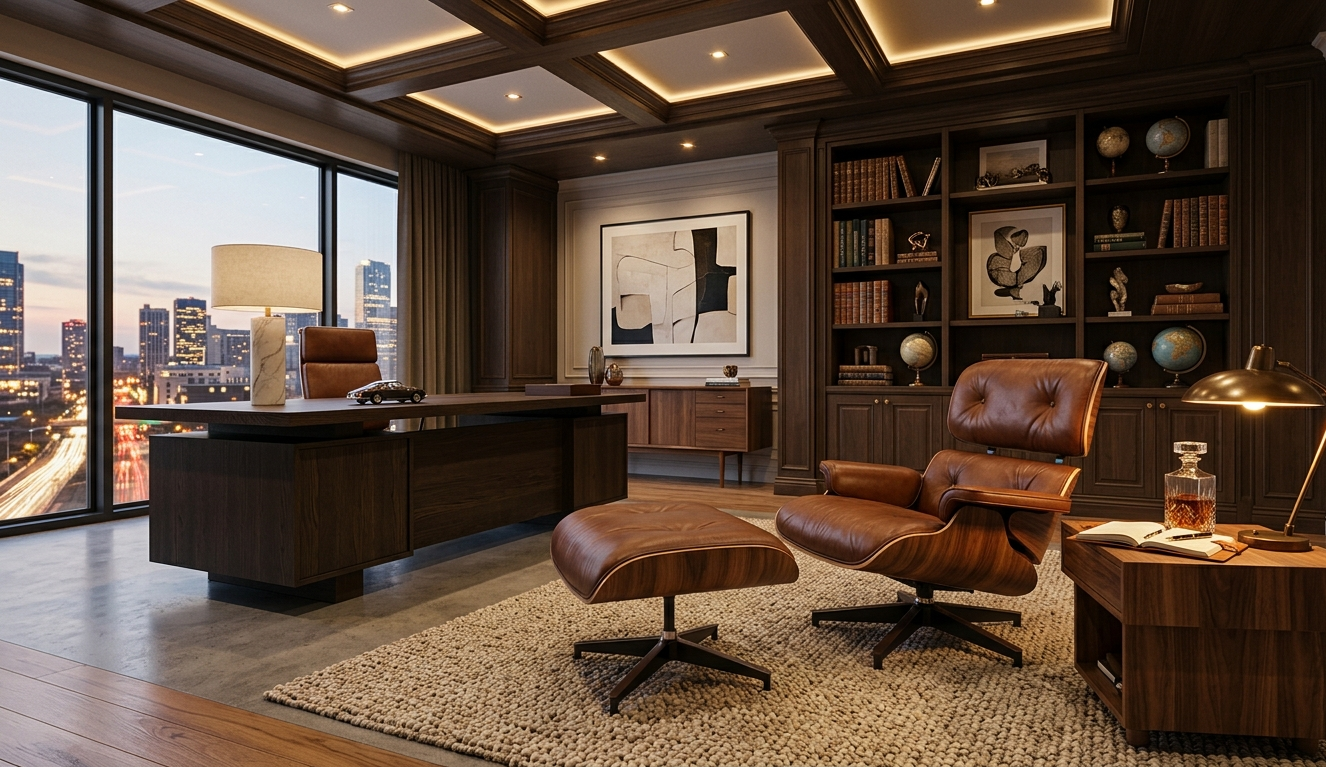 Poltrona Eames Lounge Chair com ottoman em escritório executivo sofisticado