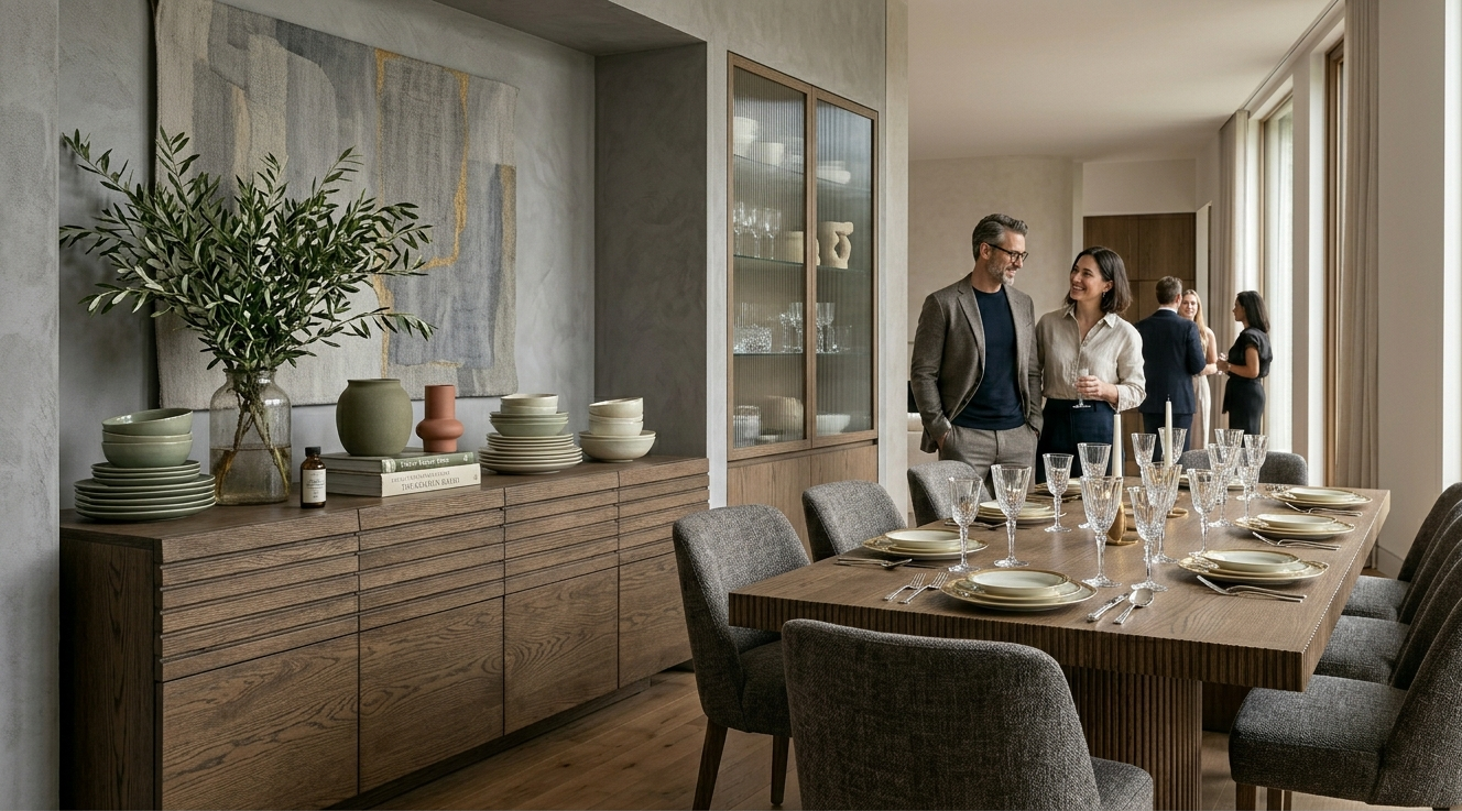 Sala de jantar completa com buffet integrado harmoniosamente