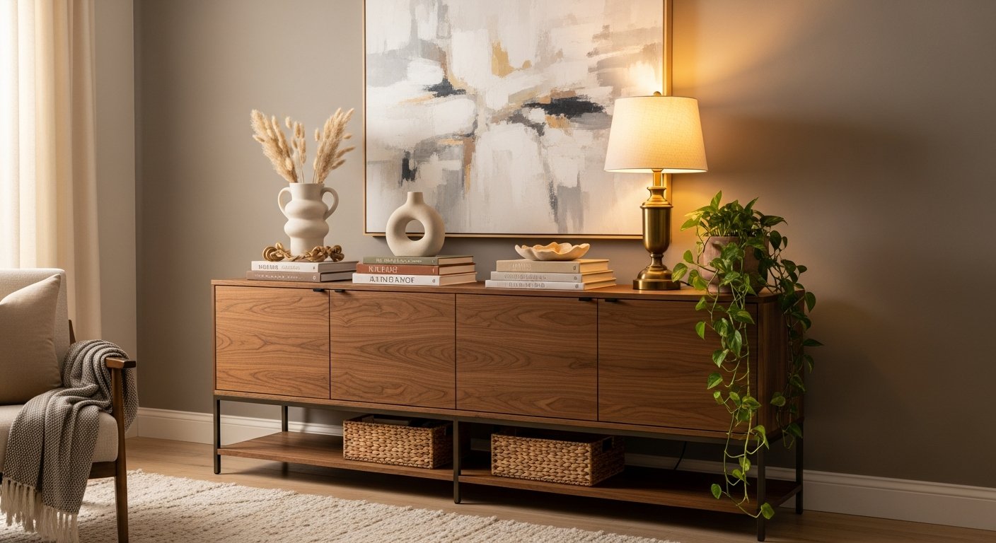 Aparador de sala com objetos decorativos e plantas