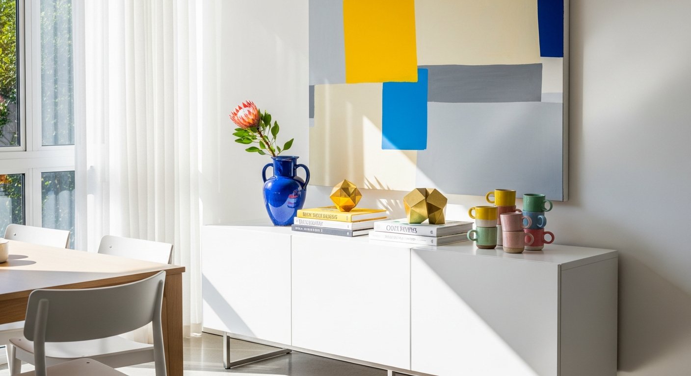 Aparador branco com objetos decorativos coloridos