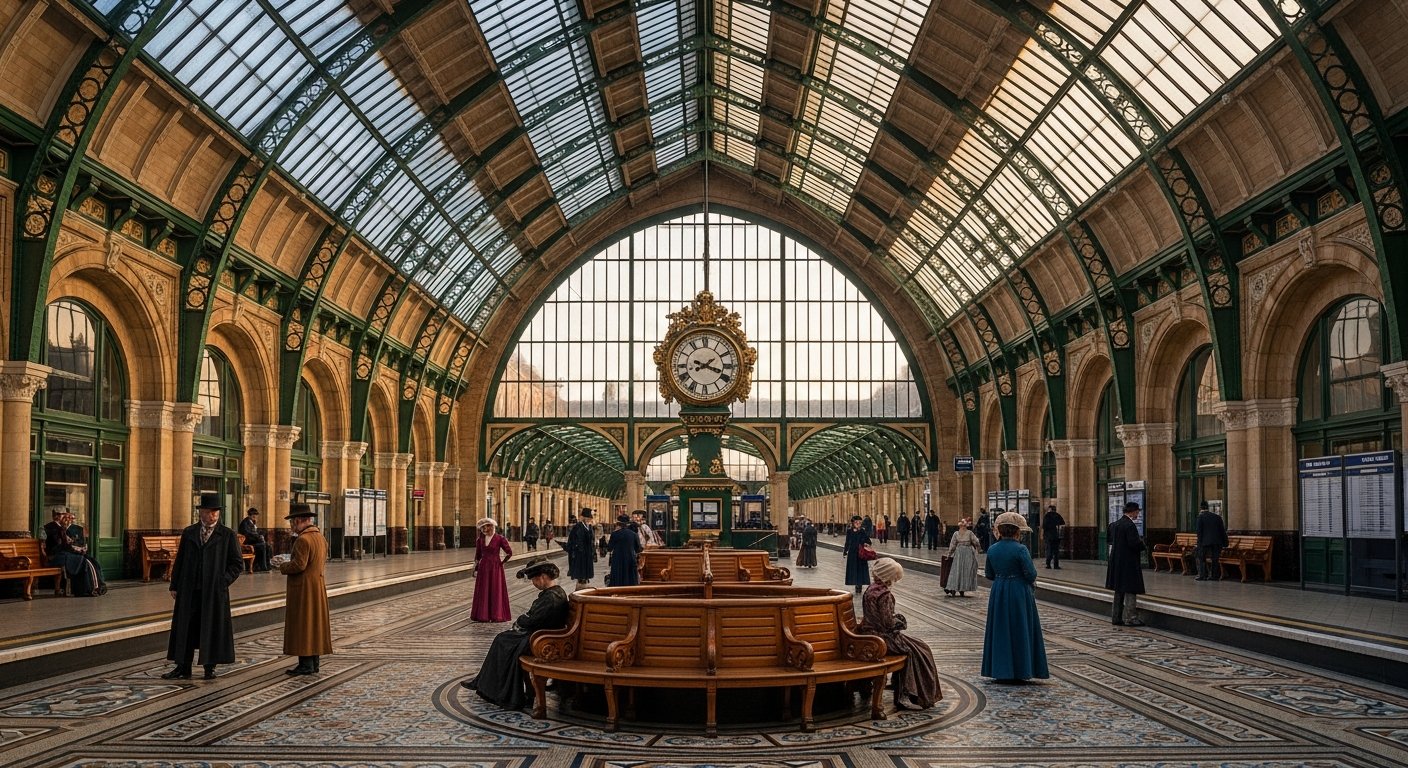 Interior de estação ferroviária com elementos arquitetônicos clássicos
