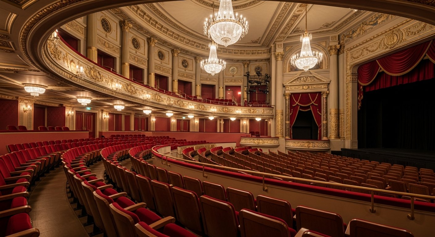 Interior de teatro com decoração clássica e elementos ornamentais