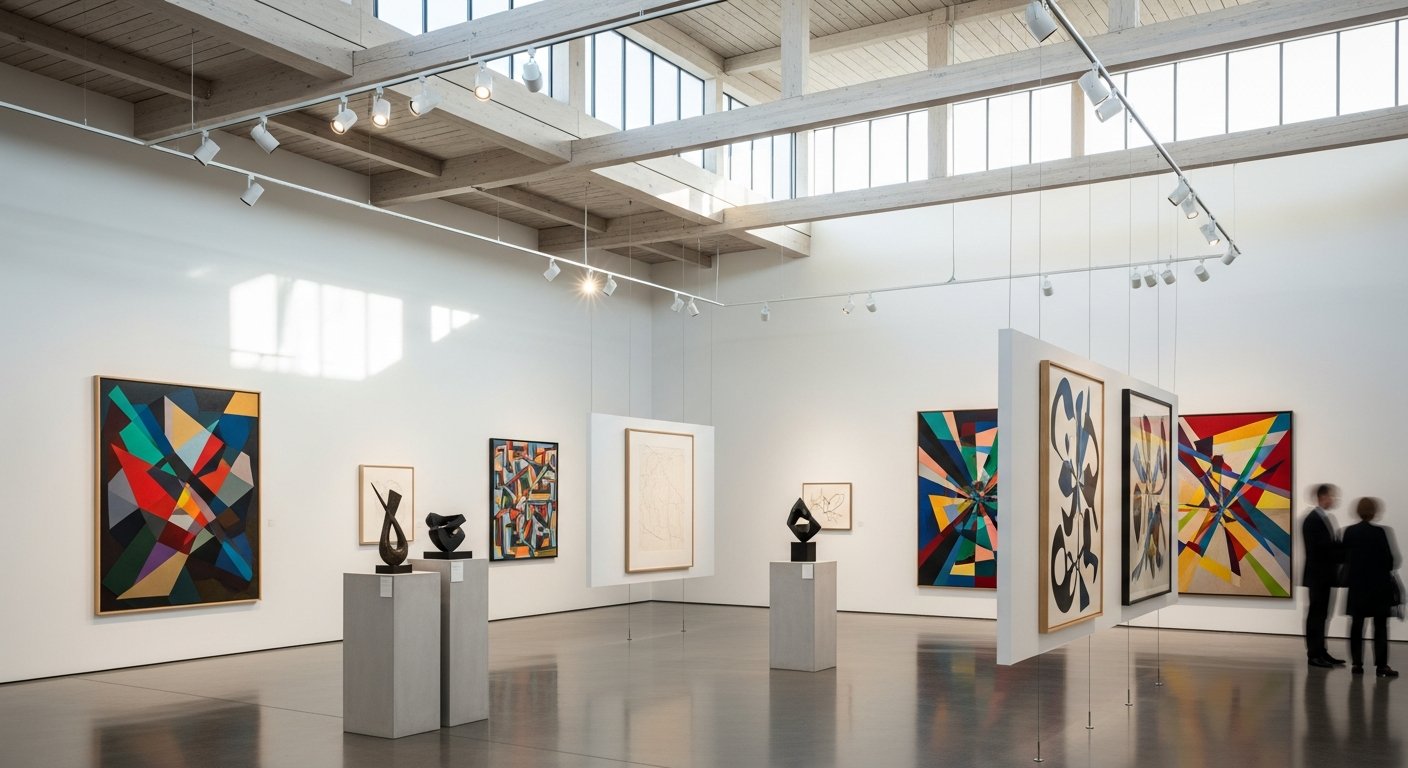 Galeria de arte com iluminação sofisticada e design clean