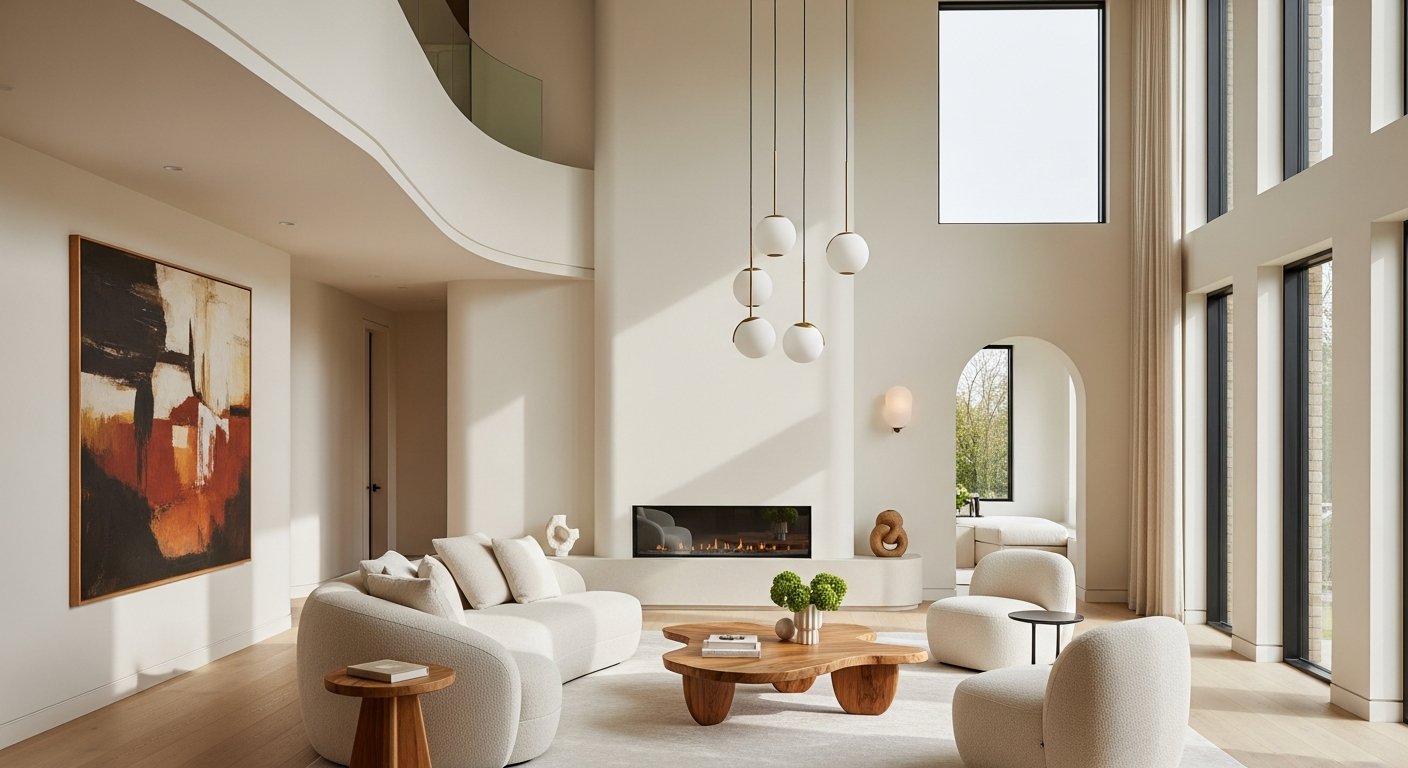 Interior residencial moderno com móveis de linhas orgânicas