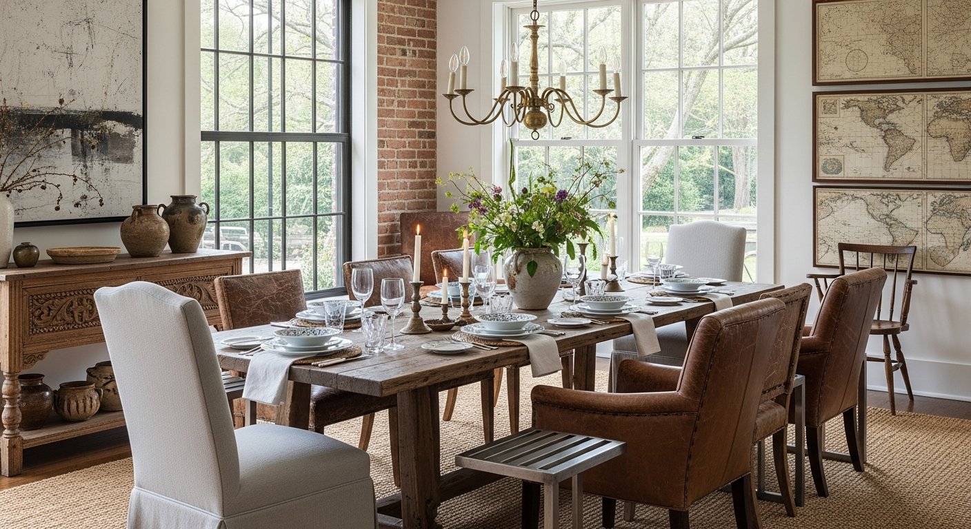 Sala de jantar sofisticada com móveis ecléticos e materiais naturais