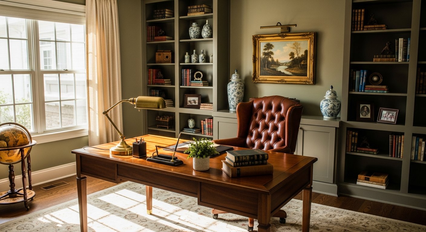 Escritório residencial elegante com móveis clássicos e iluminação natural