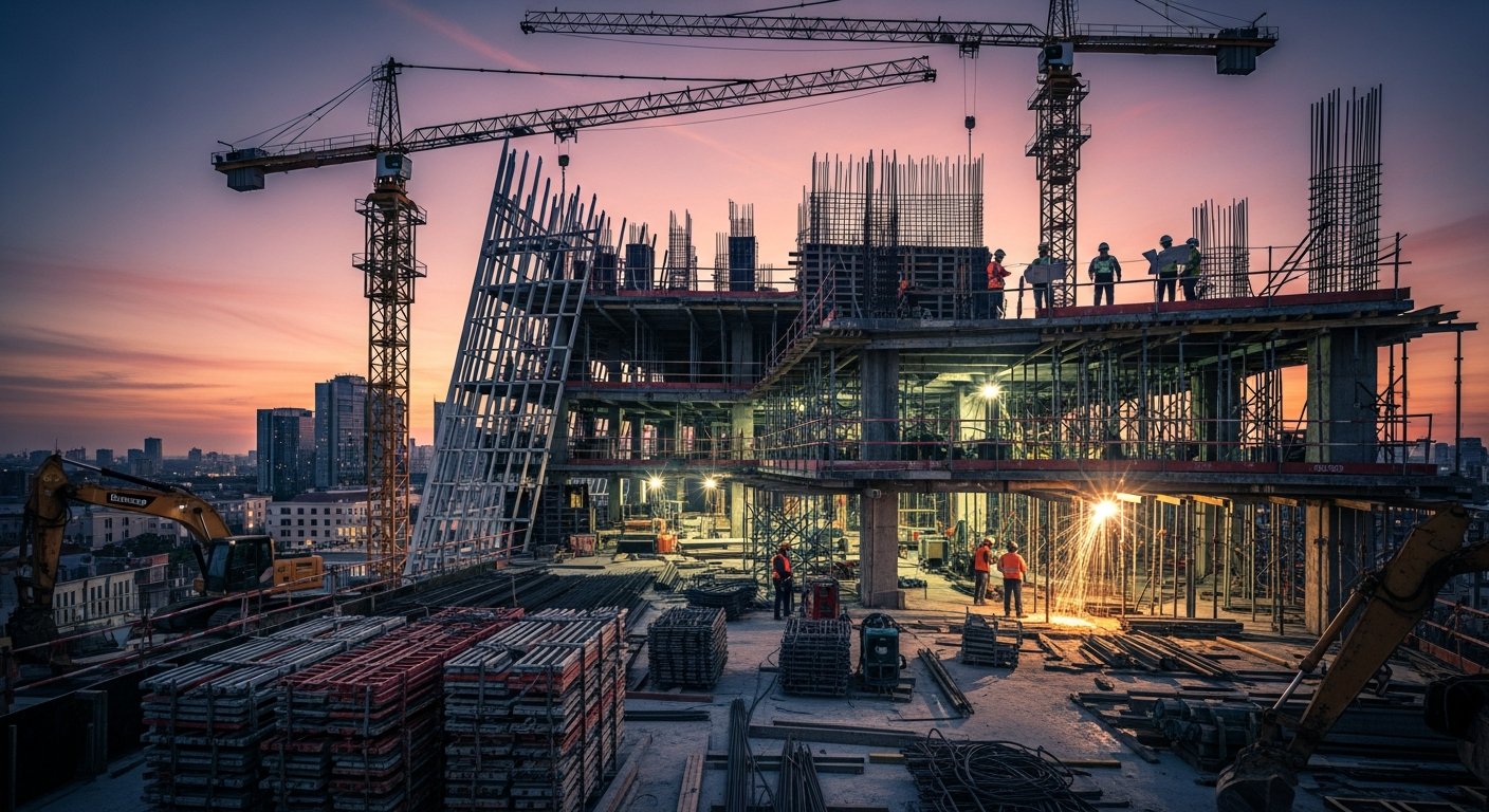 Vista da construção de arranha-céu moderno com engenharia avançada