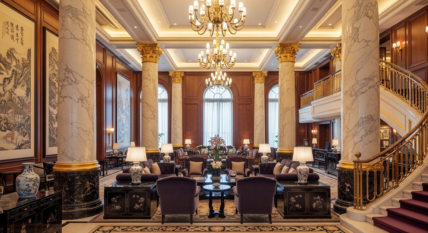 Lobby luxuoso com colunas de mármore e detalhes dourados