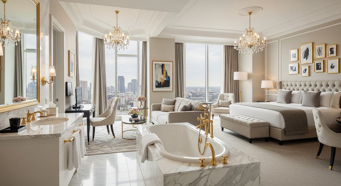 Suíte de hotel de luxo com banheiro em mármore e vista panorâmica