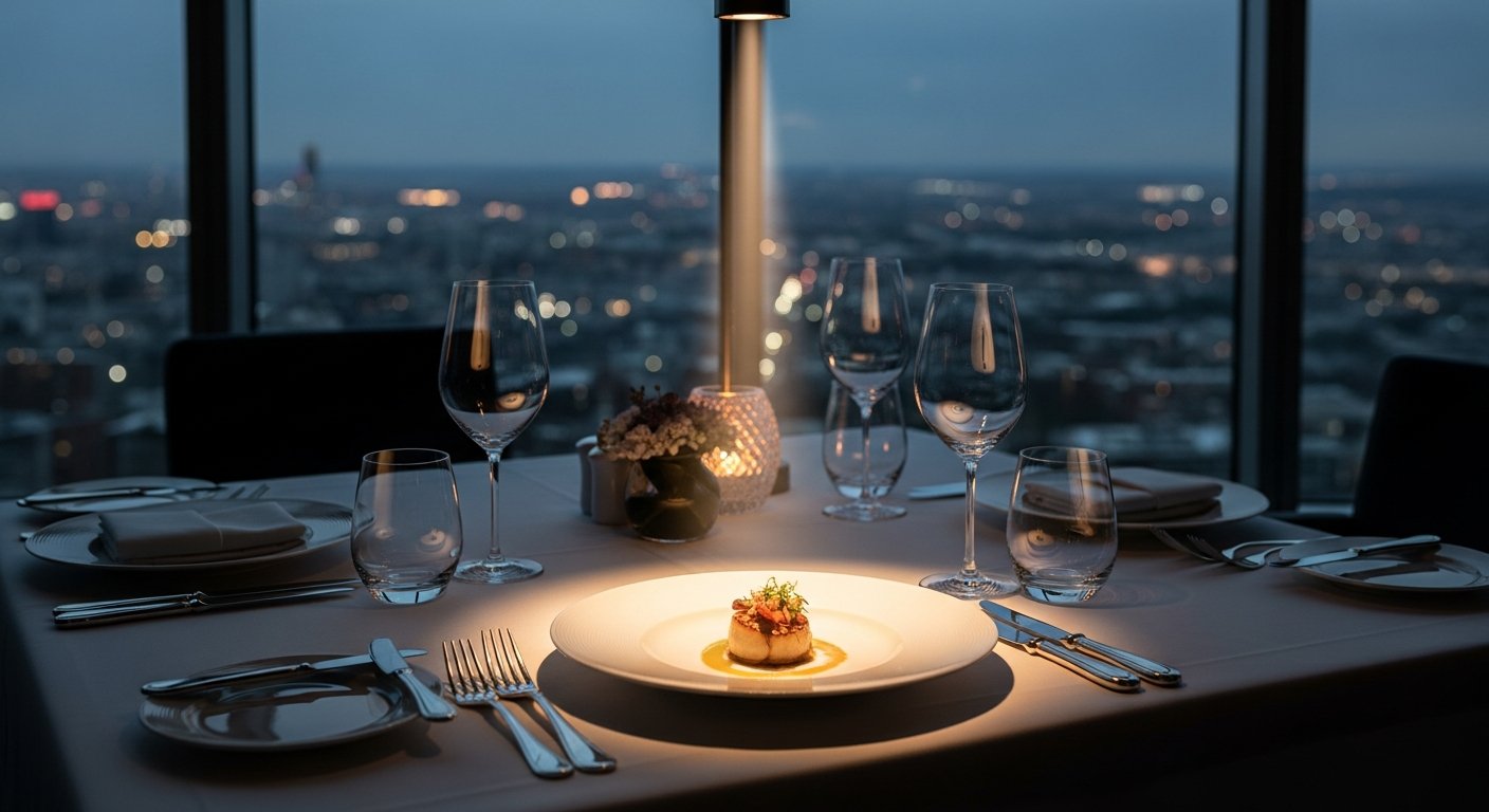 Restaurante elegante com vista panorâmica e mesas sofisticadamente decoradas