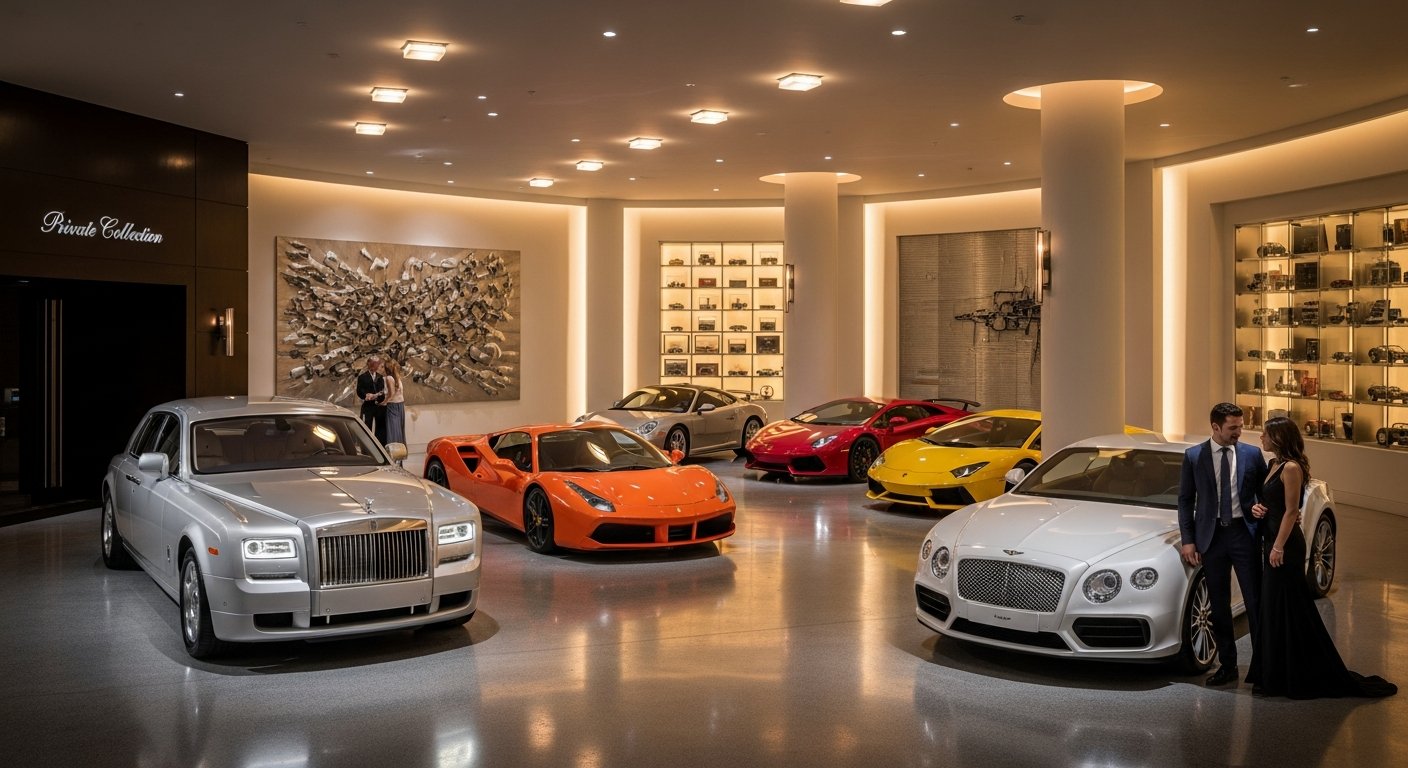 Coleção de carros de luxo em garagem elegante de hotel