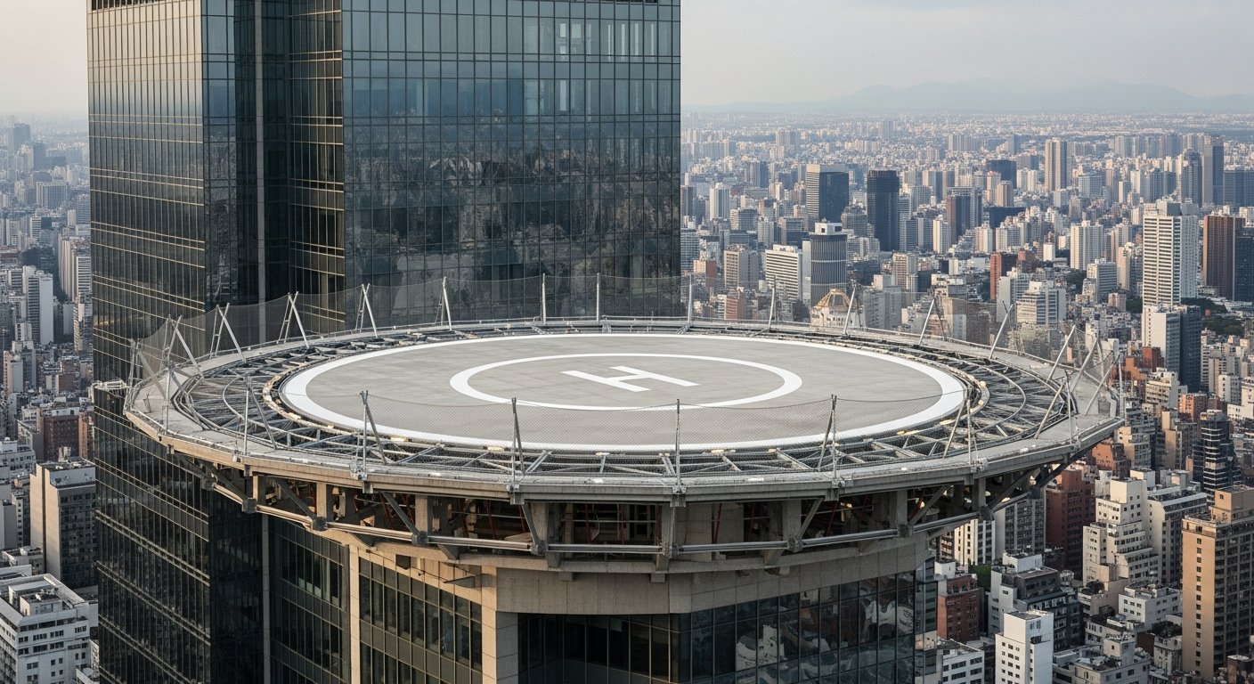 Heliporto moderno no topo de arranha-céu com vista urbana