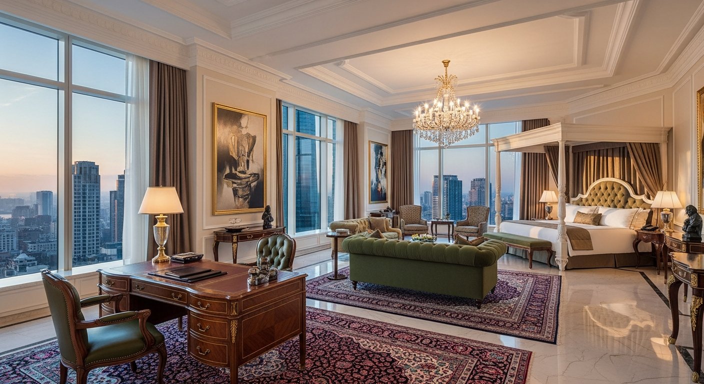 Suíte presidencial com móveis elegantes e vista panorâmica
