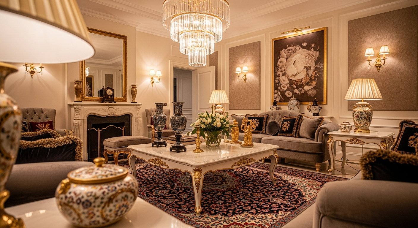 Sala de estar elegante com detalhes dourados e superfícies de mármore