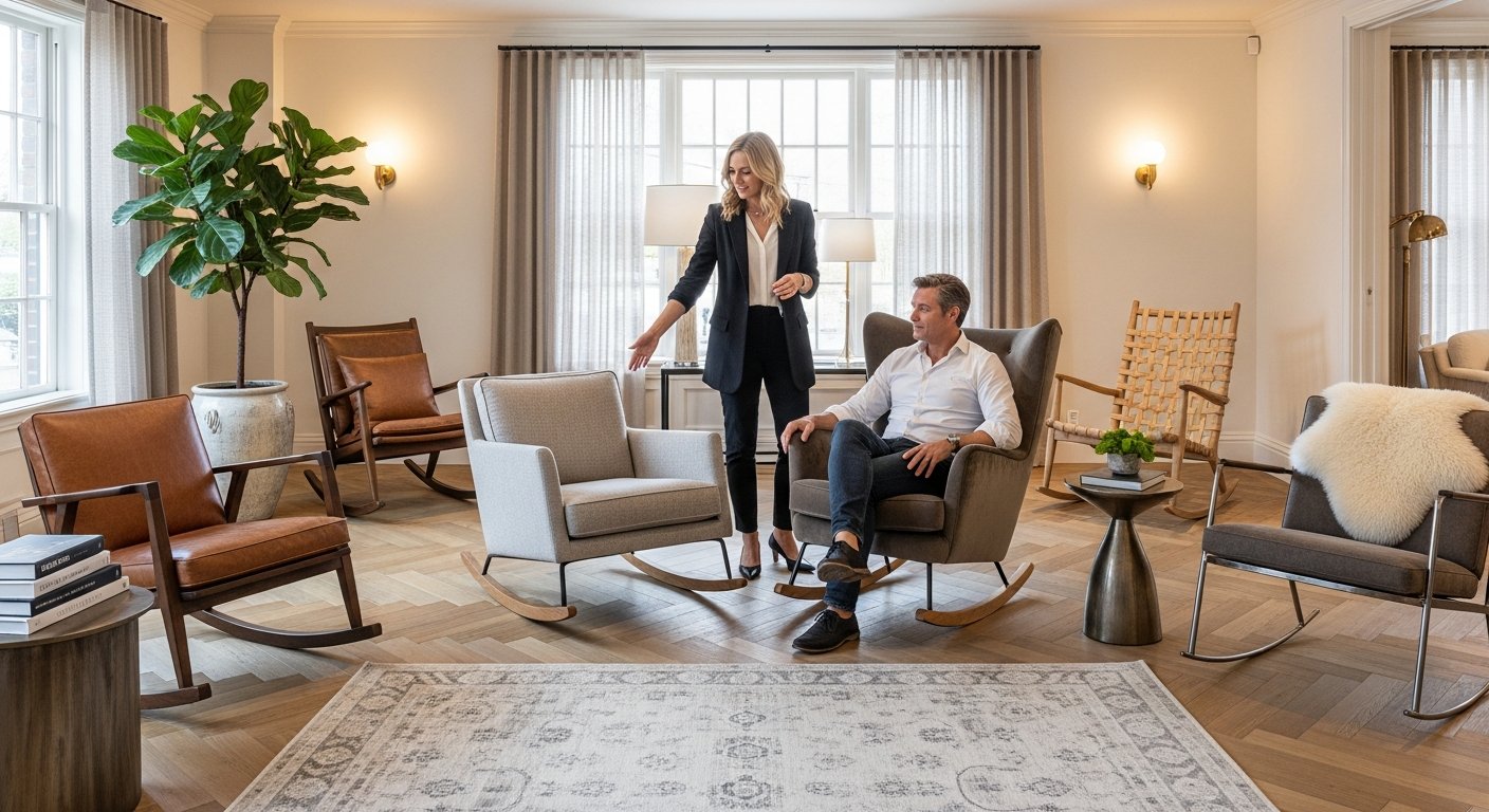 Diferentes opções de cadeiras de balanço em showroom elegante
