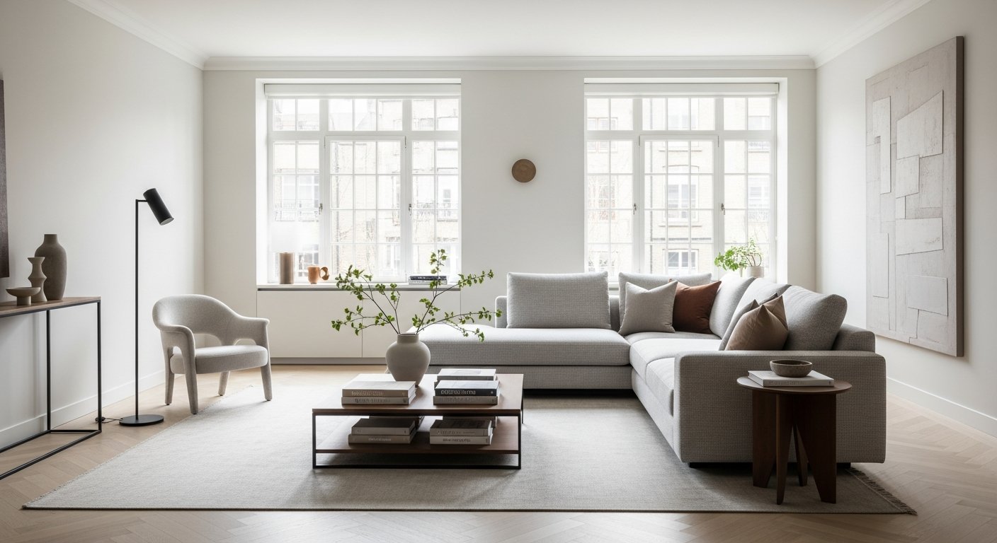 Decoração de sala moderna com móveis de design e iluminação natural