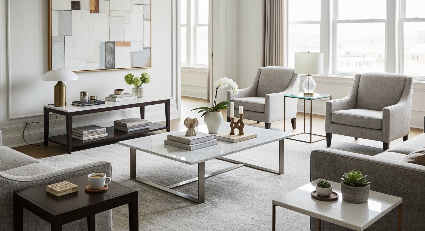 Mesa de centro em decoração de sala sofisticada