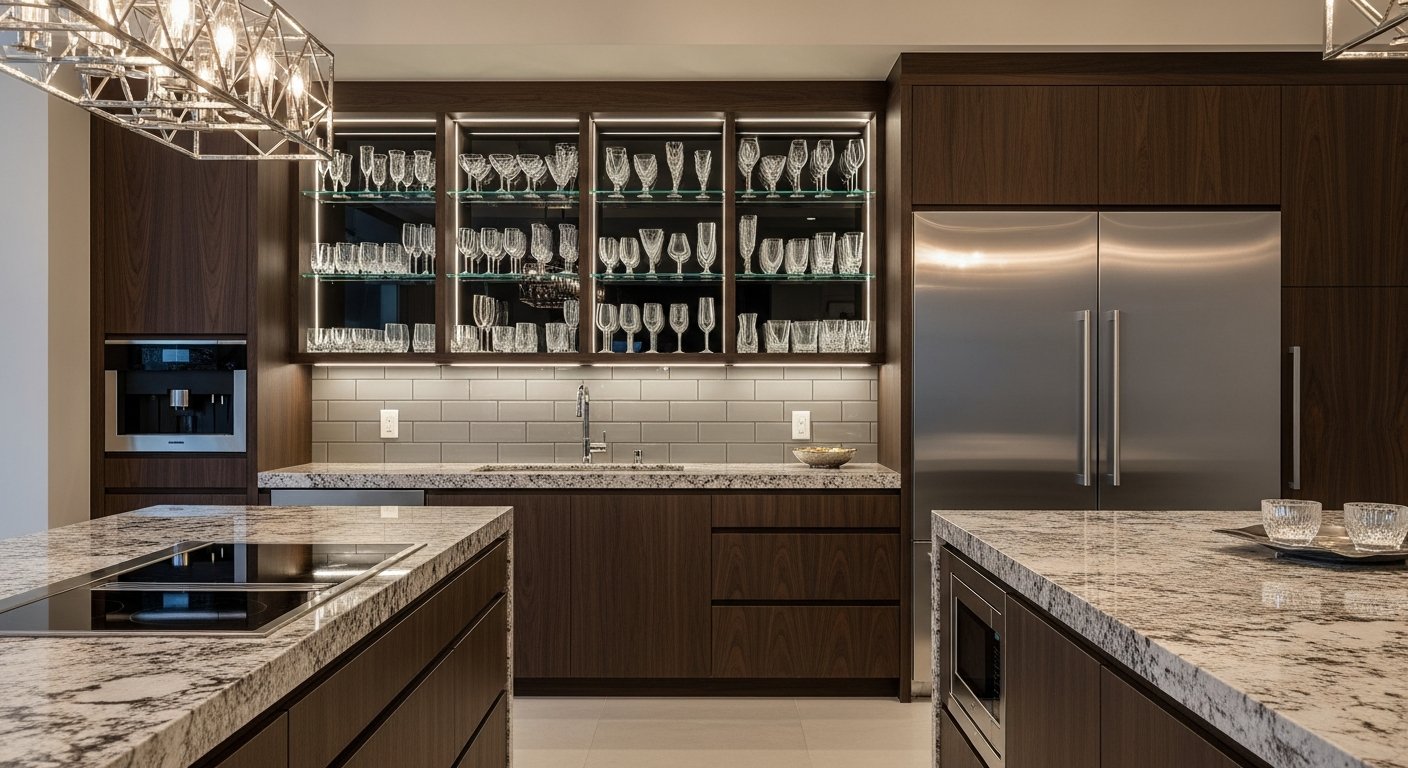 Cozinha de luxo com armazenamento especializado para cristaleria fina