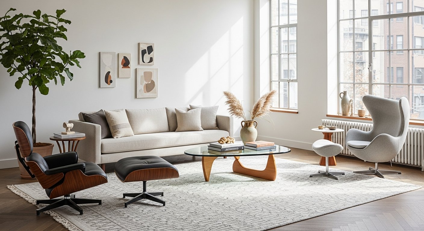 Sala moderna com móveis de designer clássico em ambiente sofisticado