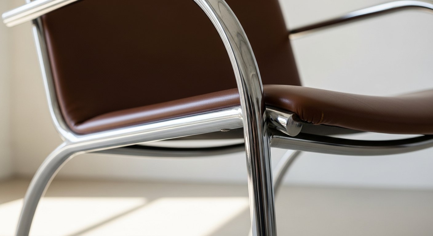 Detalhes de cadeira modernista com estrutura em aço curvado