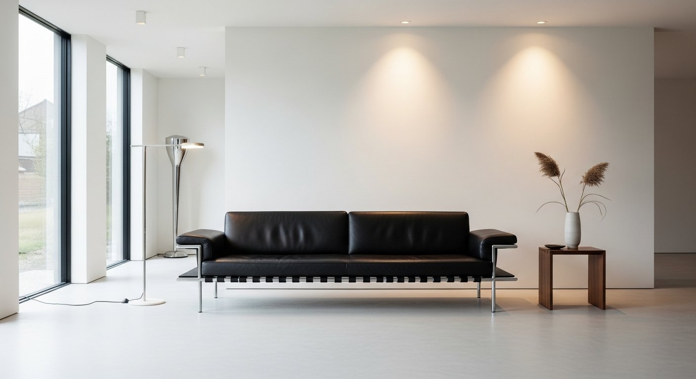 Poltrona minimalista com estofamento em couro e estrutura cromada