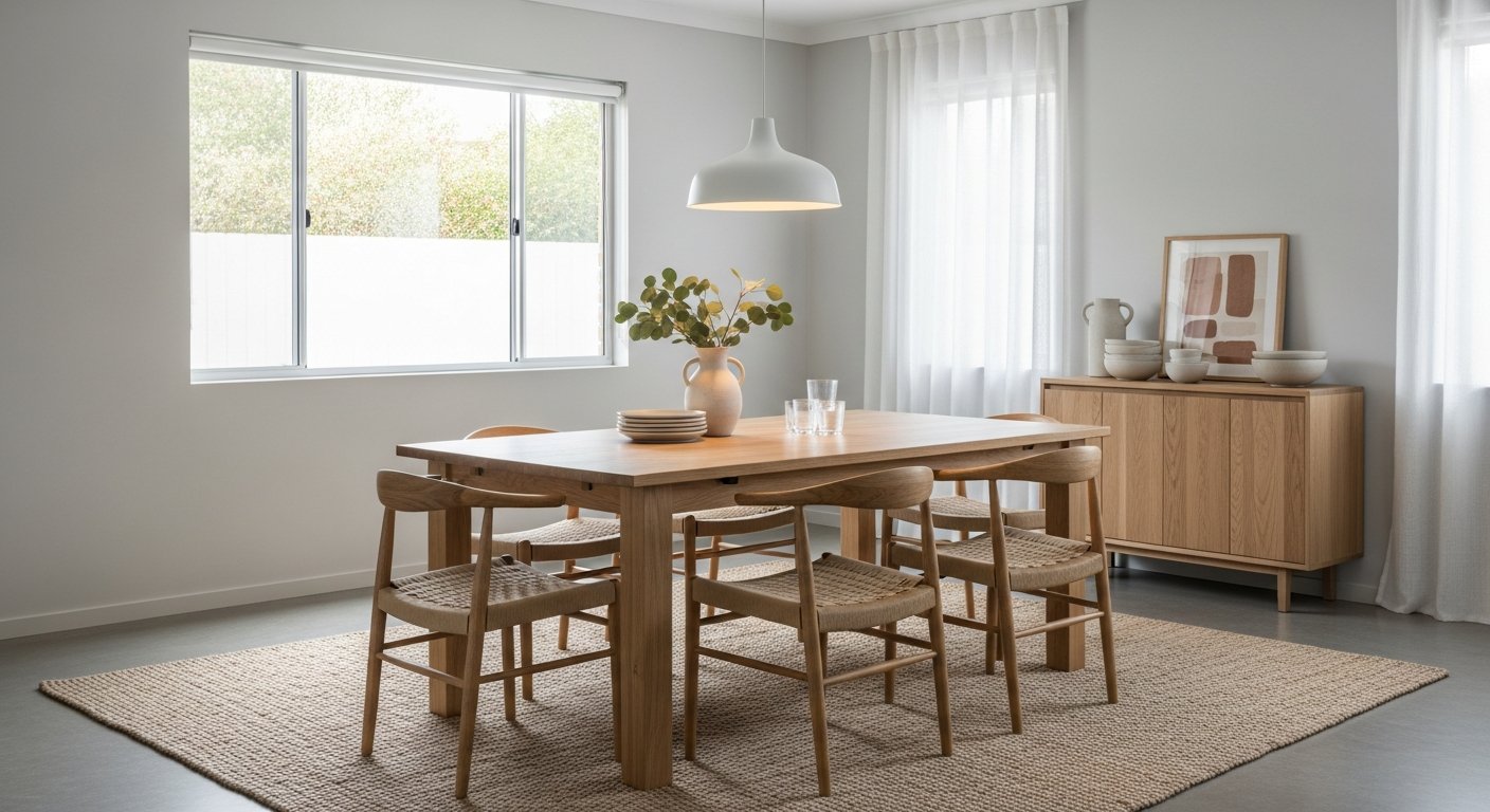 Sala de jantar estilo escandinavo com móveis em madeira natural