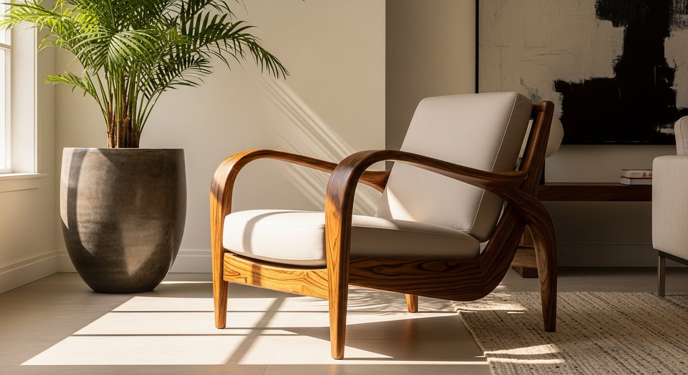 Poltrona elegante em madeira com linhas curvas sofisticadas