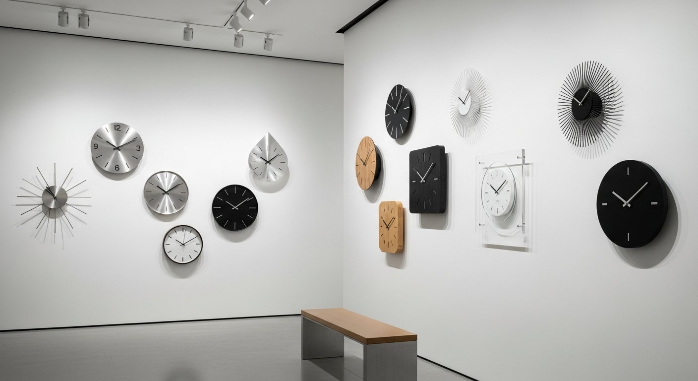 Coleção de relógios de parede modernos em ambiente contemporâneo