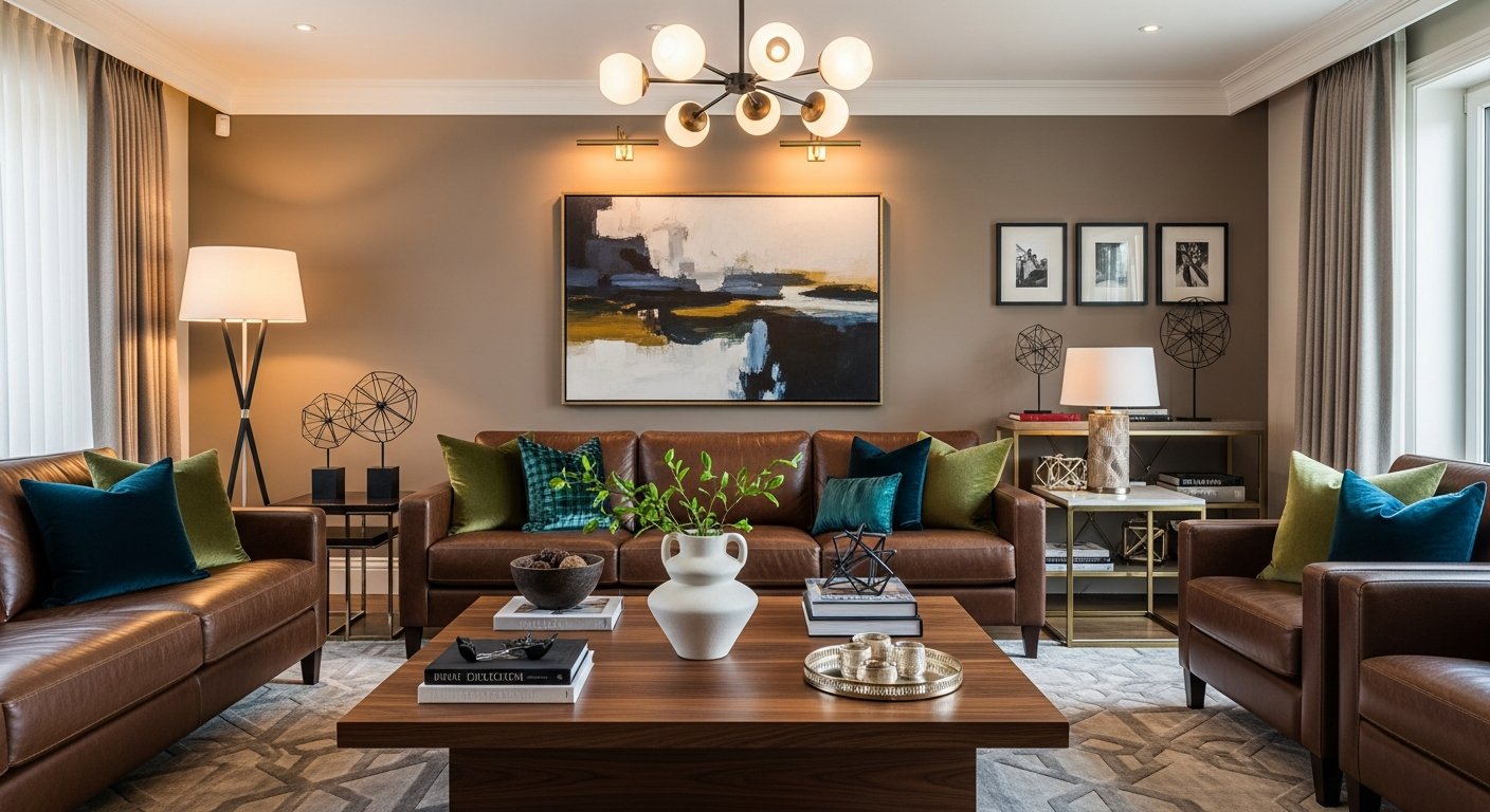 Sala sofisticada com móveis de design e decoração refinada