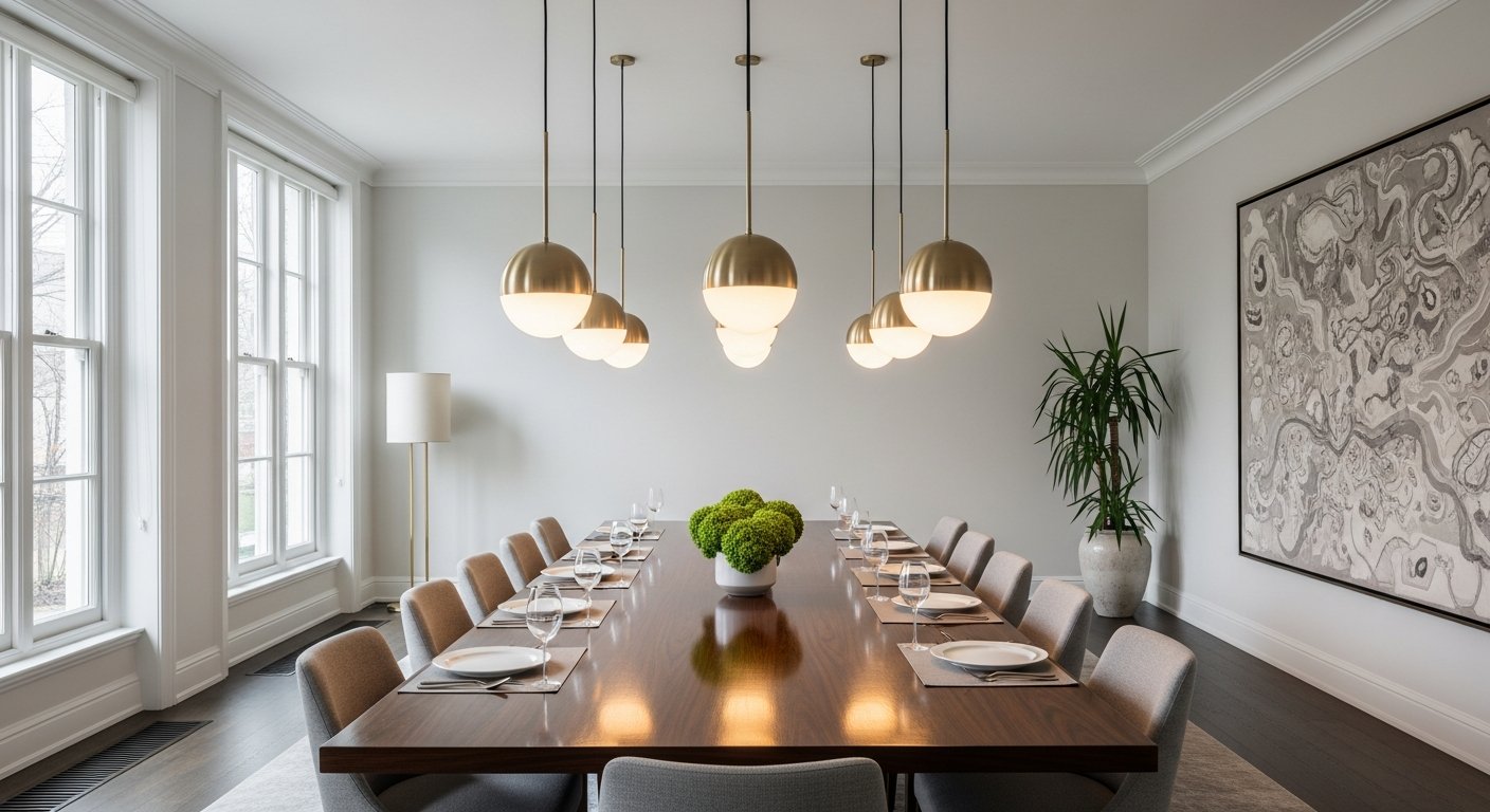 Sala de jantar com lustre na altura ideal sobre a mesa
