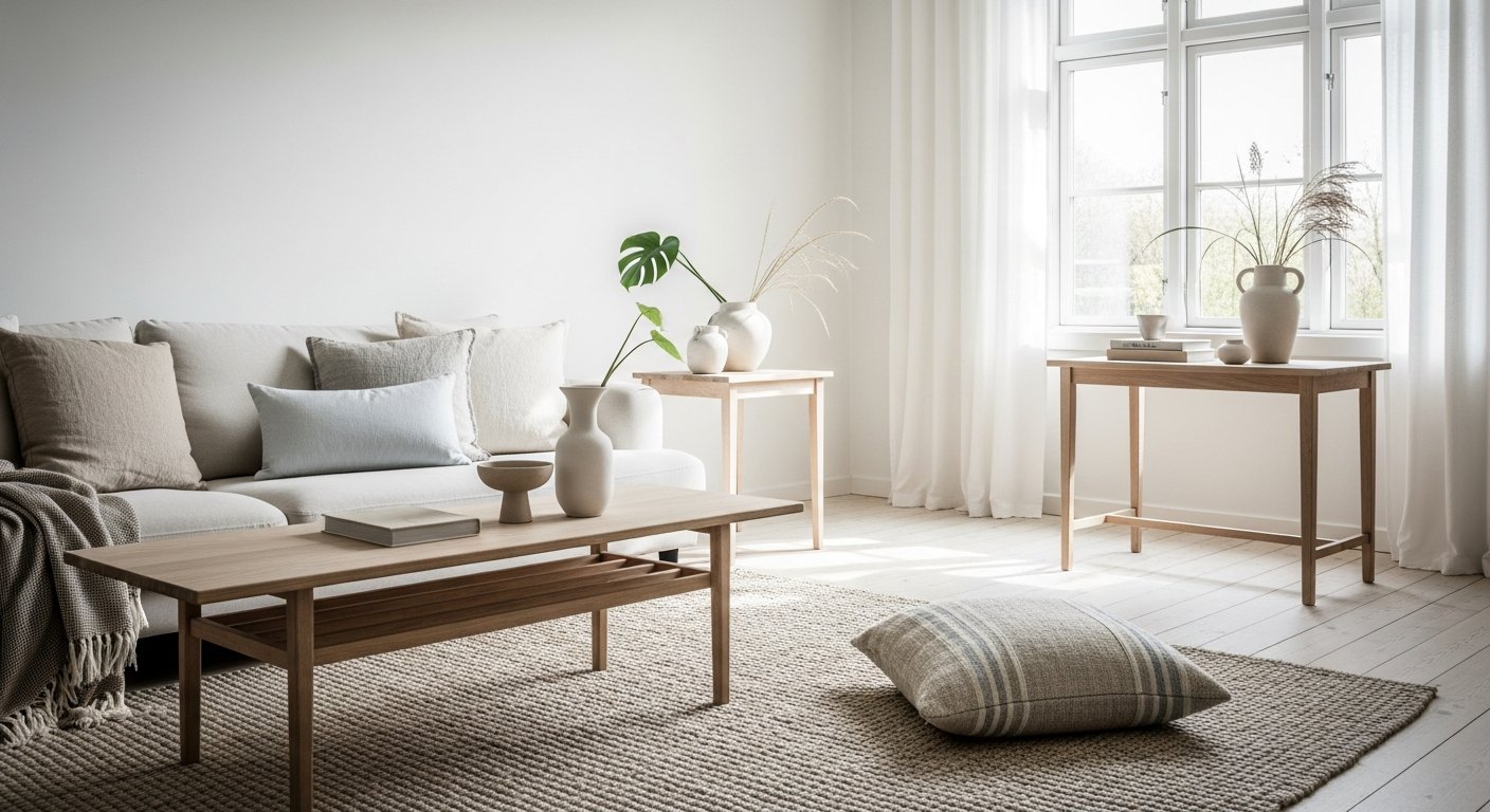 Sala de estar com estilo escandinavo decoracao e móveis de madeira clara