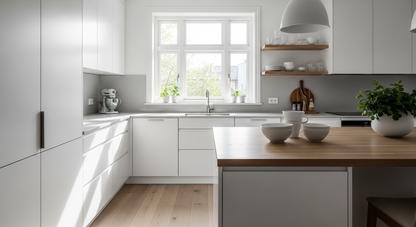 Cozinha com design escandinavo e linhas limpas