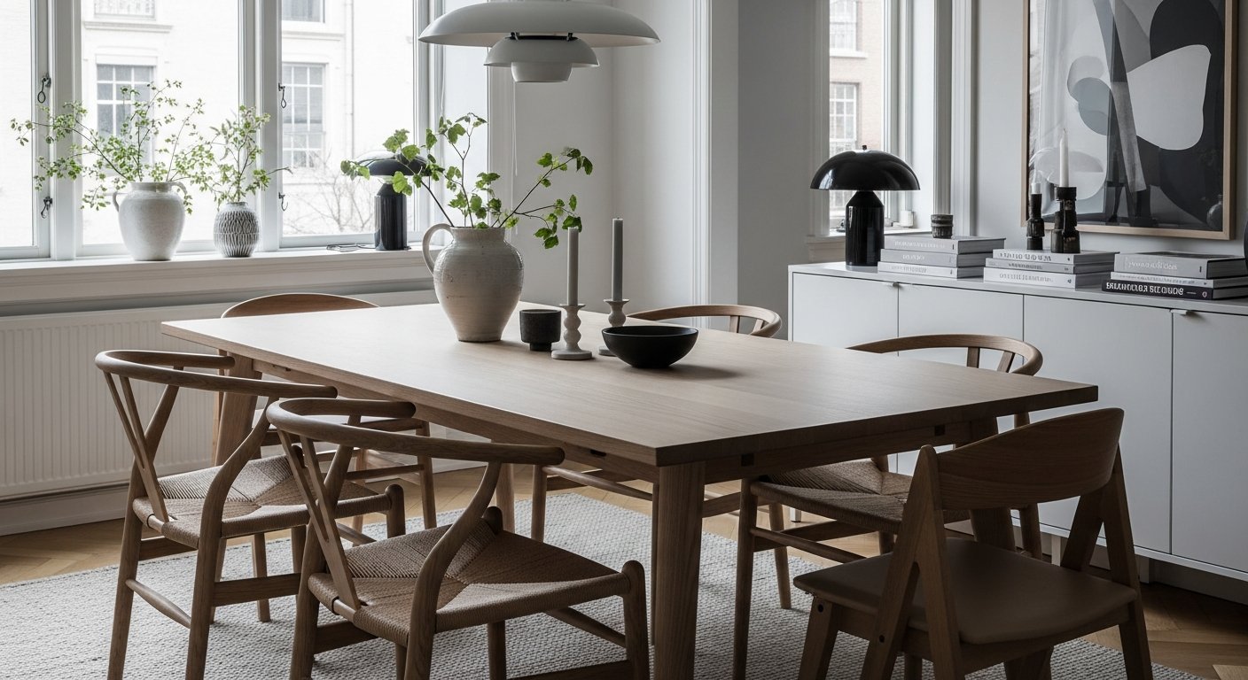 Mesa de jantar escandinava com móveis de madeira natural