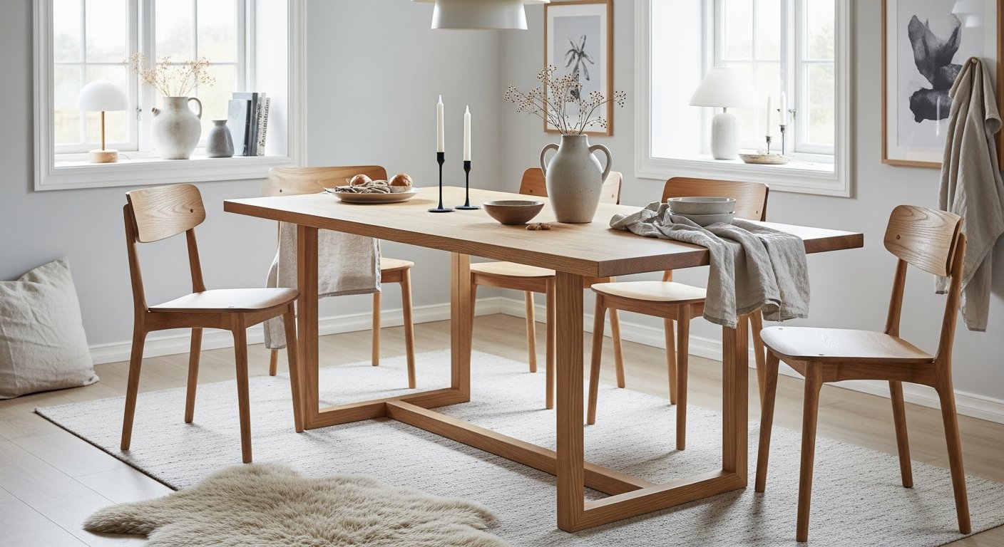 Mesa de jantar escandinava em ambiente luminoso