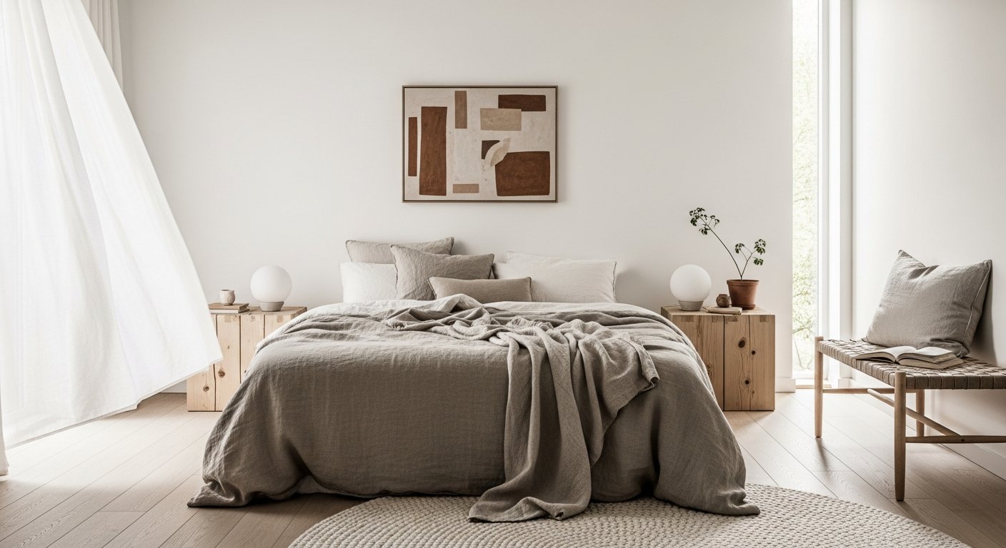 Quarto sereno com móveis escandinavos e têxteis naturais