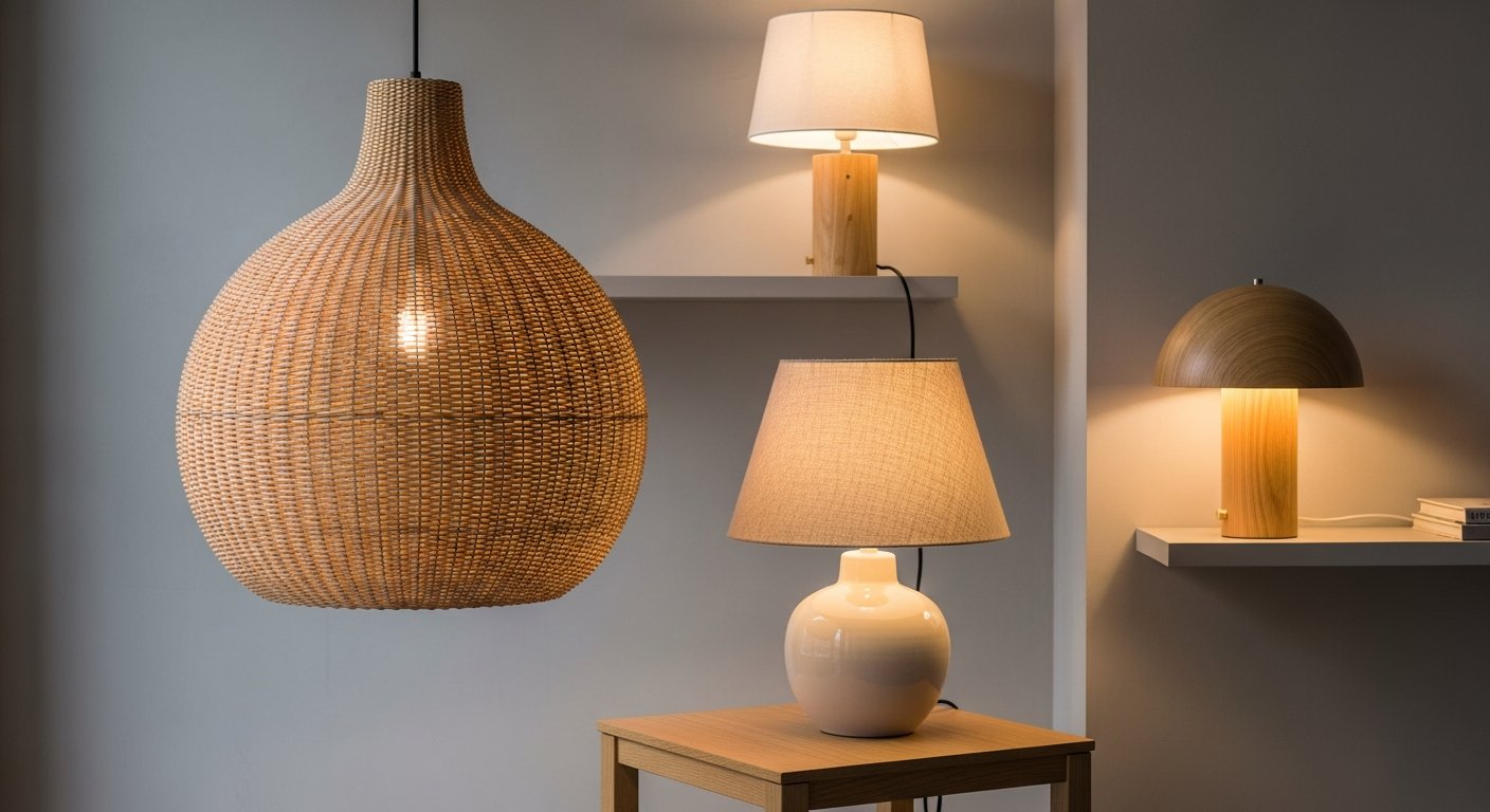 Luminárias escandinavas com materiais naturais em ambiente acolhedor