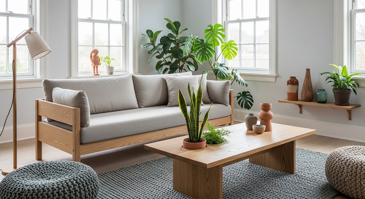 Móveis escandinavos sustentáveis em ambiente natural