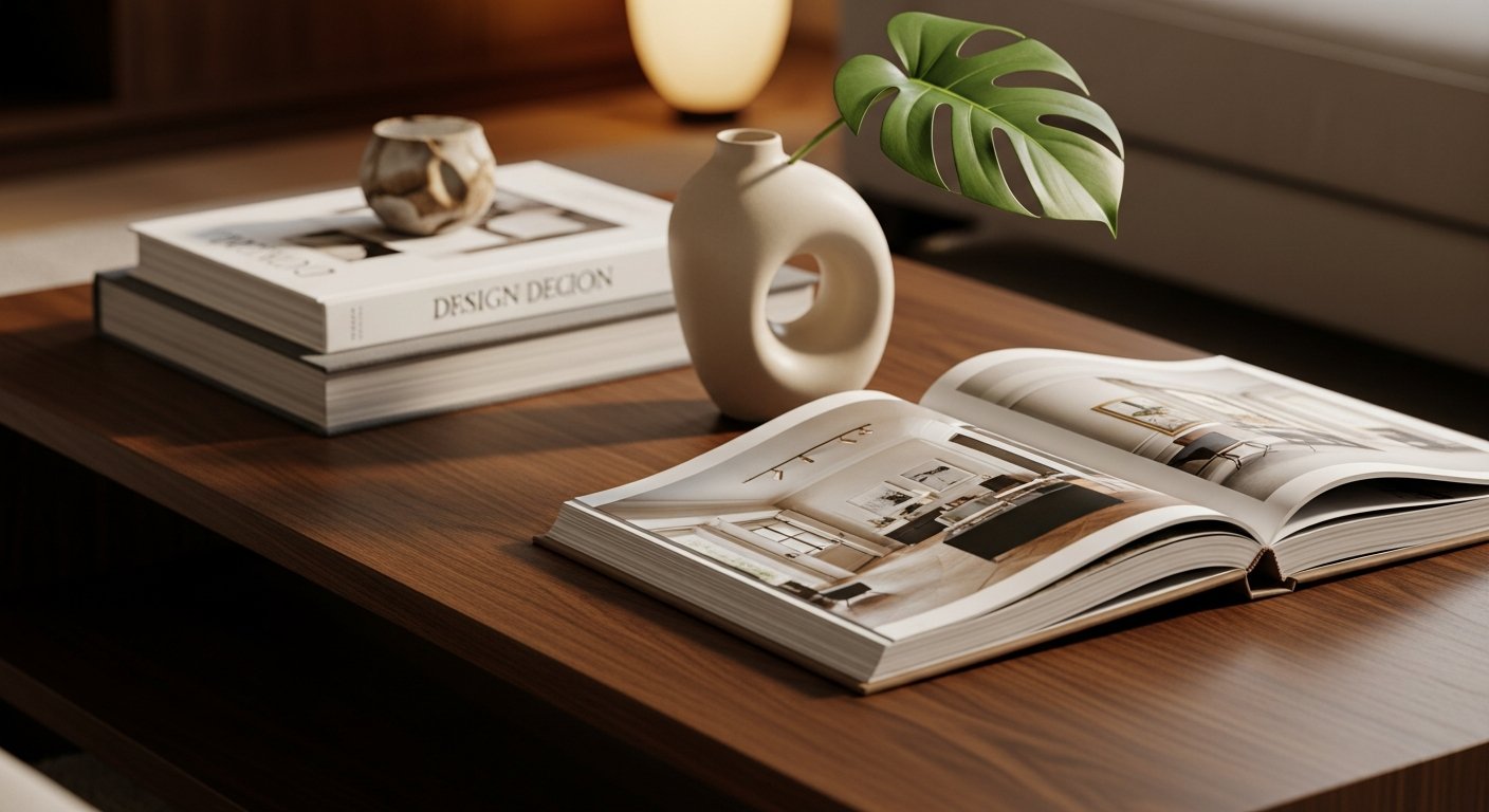 Mesa de centro de madeira com objetos decorativos