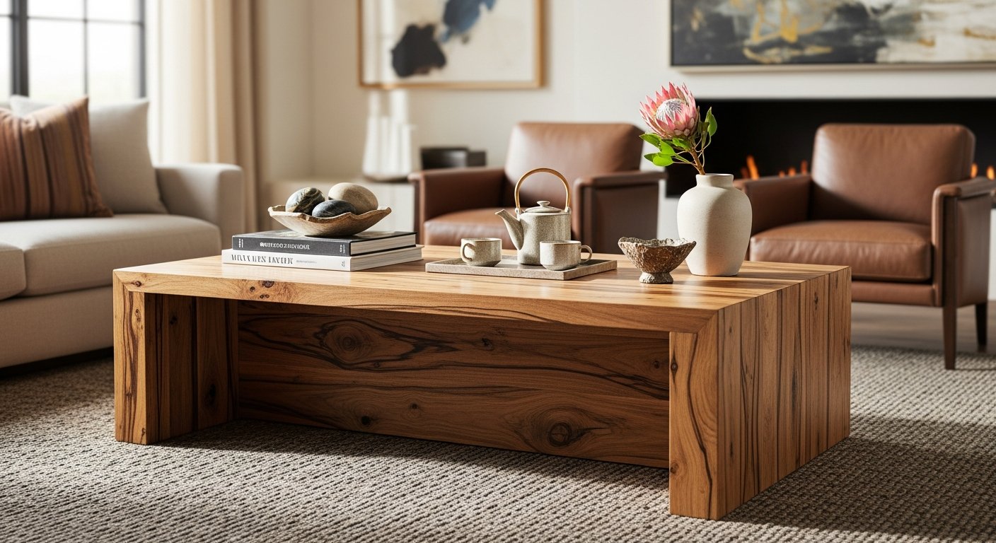 Mesa de centro de madeira com detalhes dos veios