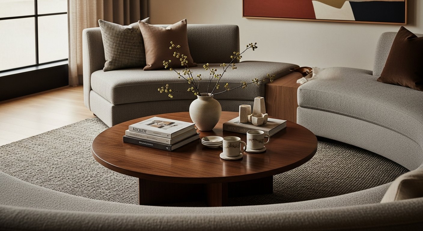 Mesa de centro redonda com sofá curvo