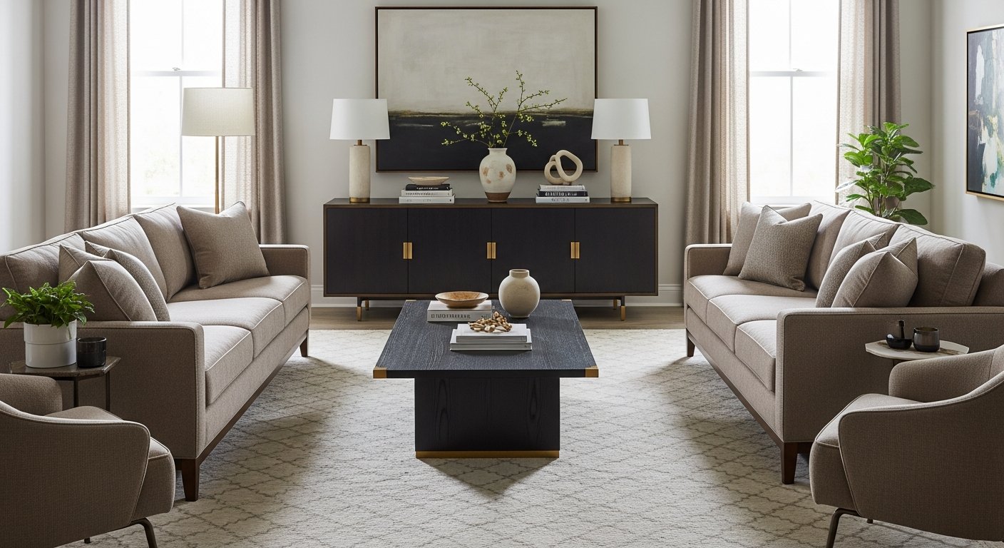 Sala com móveis coordenados incluindo mesa de centro