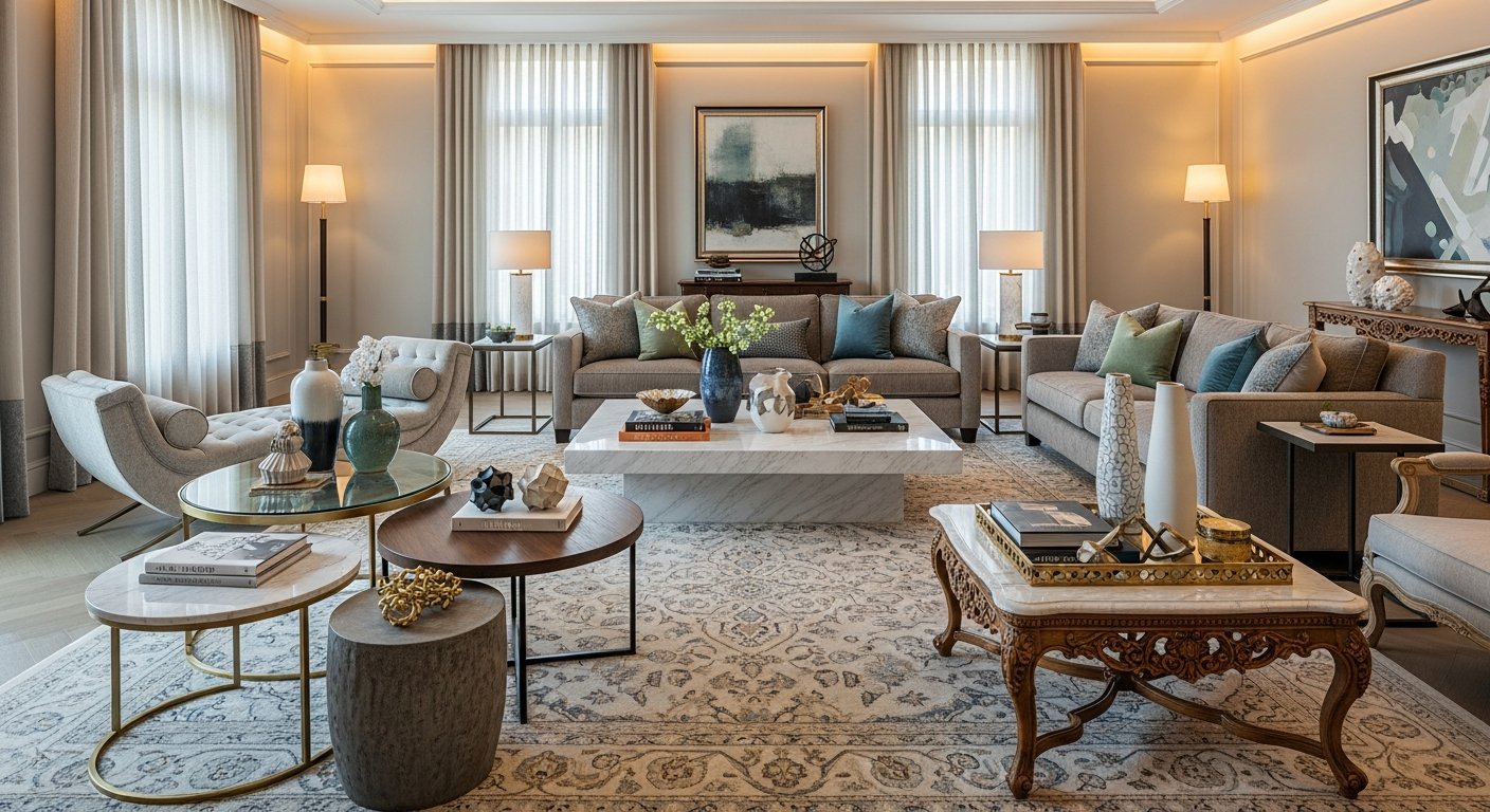 Diferentes estilos de mesa de centro em ambiente sofisticado