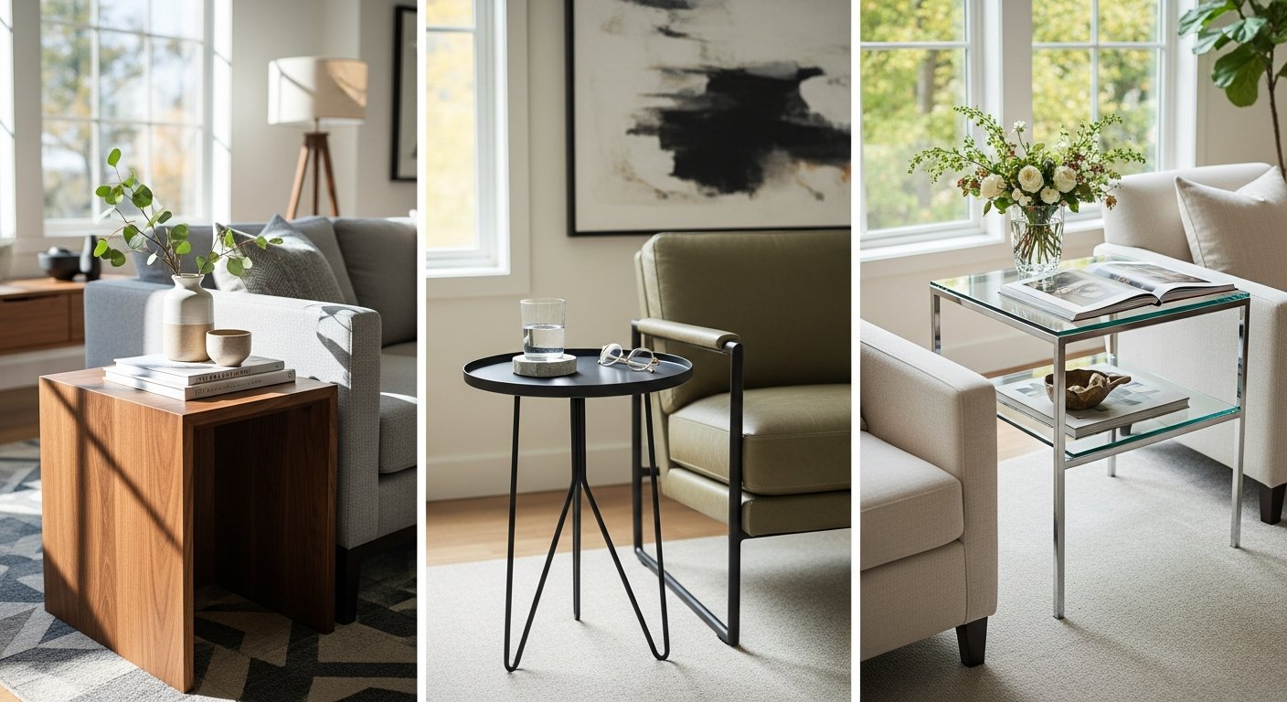 Diferentes tipos de mesa lateral em madeira, metal e vidro