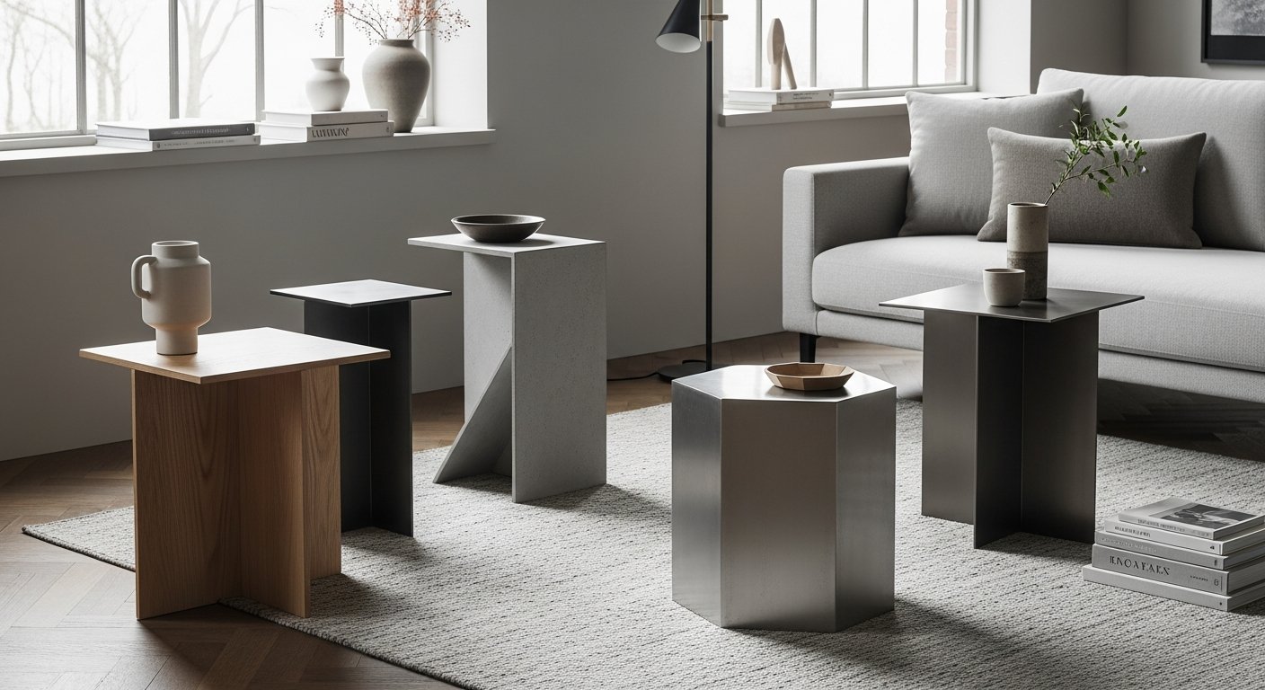 Mesa lateral contemporânea com linhas geométricas em ambiente moderno